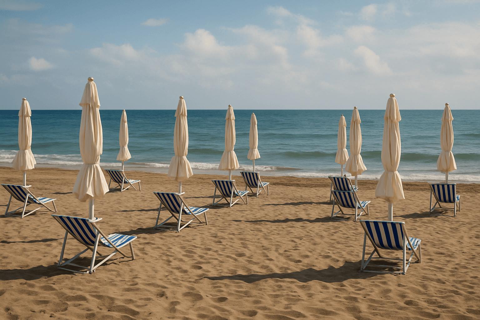 Ombrelloni chiusi su una spiaggia toscana